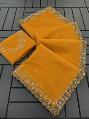 VarniRaaj Fashion Embellished Bollywood Supernet Saree(Gold)