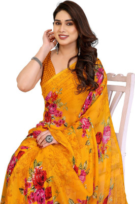 Priyashi Floral Print Daily Wear Georgette Saree(Yellow)