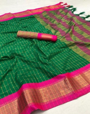 yourwish Woven, Checkered, Embellished, Self Design Daily Wear Jacquard, Cotton Silk Saree(Light Green)