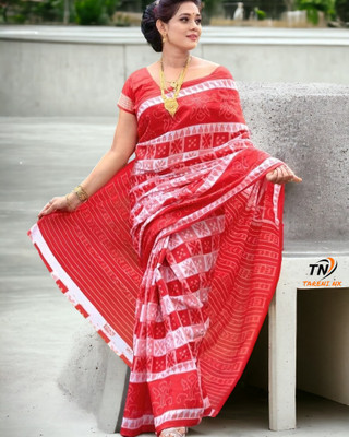 Tareni Printed Sambalpuri Pure Cotton Saree(Red, White)