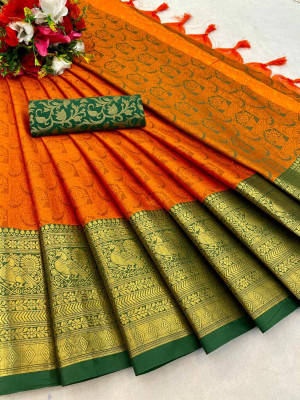Divastri Printed Bollywood Silk Blend Saree(Orange)