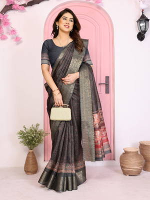 Soor Panchi Woven Kanjivaram Cotton Linen Saree(Black)