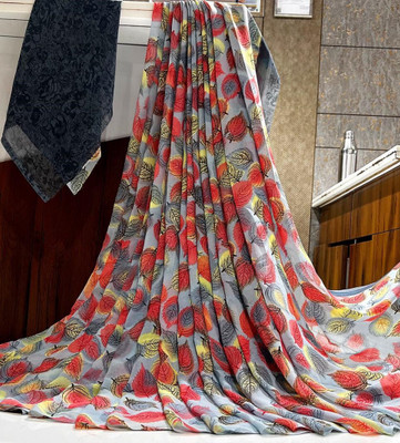 Bombey Velvat Fab Floral Print Kasavu Chiffon, Georgette Saree(Grey)