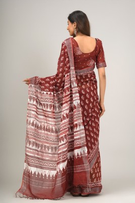 Tropwear Printed Ikkat Cotton Linen Saree(Maroon)