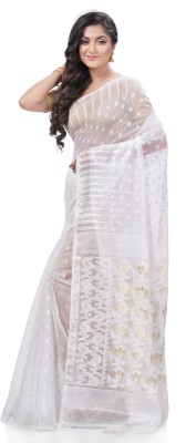 Desh Bidesh Woven, Self Design, Paisley, Striped Jamdani Handloom Cotton Blend, Pure Cotton Saree(White)