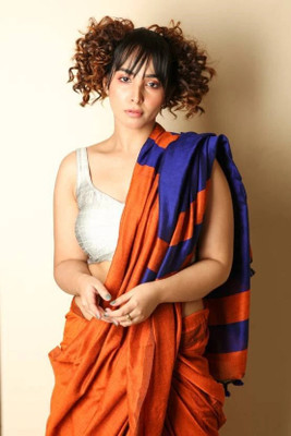 HouseOfCommon Solid/Plain Handloom Cotton Blend Saree(Orange)
