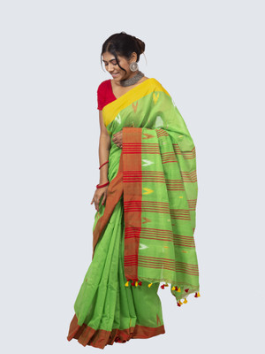 AngaShobha Striped Lucknow Chikankari Cotton Blend Saree(Green)