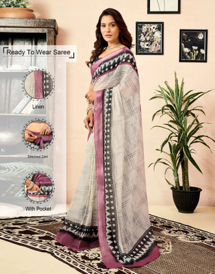 Samah Floral Print, Geometric Print, Embellished Daily Wear Linen Saree(White)