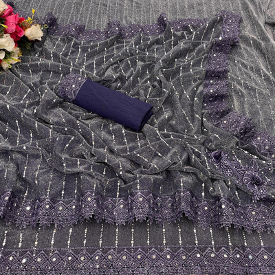 KRUBUX Applique Bollywood Lycra Blend Saree(Grey, Purple)