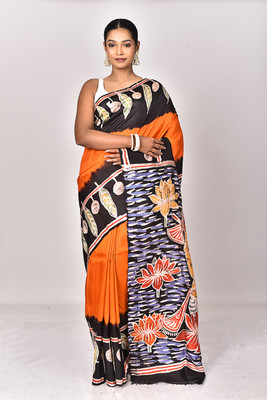 Ramshyam Collection Hand Painted Hand Batik Pure Silk Saree(Orange)