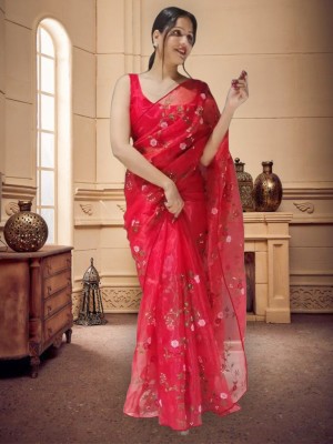Kedar Fab Embroidered Bollywood Net Saree(Red)