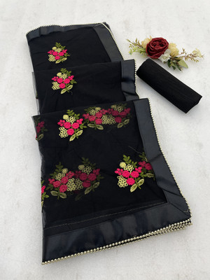 vallavi fashion Embroidered Bollywood Net Saree(Black)