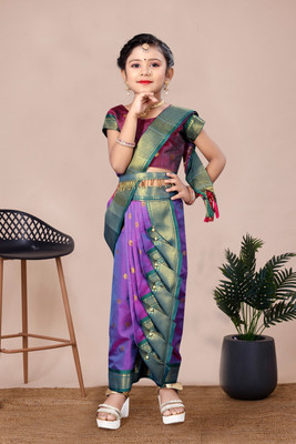 Ashmika Woven, Floral Print, Temple Border, Embellished Paithani Cotton Silk Saree(Purple)