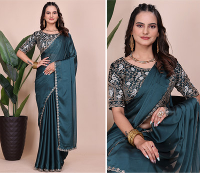 Zenophily Embroidered Bollywood Chiffon Saree(Blue)