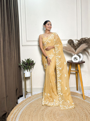 LeeliPeeri Designer Embroidered Bollywood Cotton Silk Saree(Mustard)