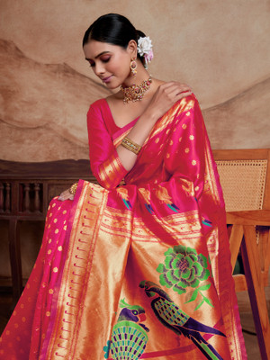 Ethnic Junction Woven Paithani Silk Blend Saree(Pink)