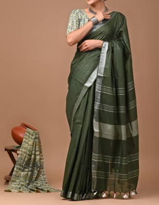 NAMITASAREES Solid/Plain Handloom Linen Saree(Dark Green)