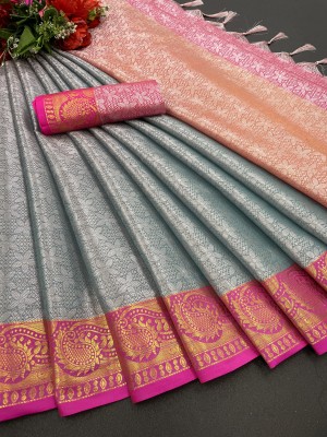 BUYWILLA Woven Kanjivaram Nylon, Pure Silk Saree(Light Blue, Pink)