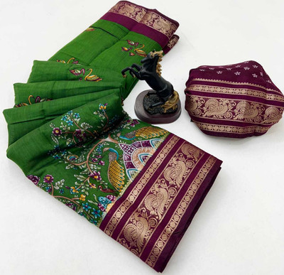 Sonal Woven Kalamkari Viscose Rayon Saree(Green, Pink)