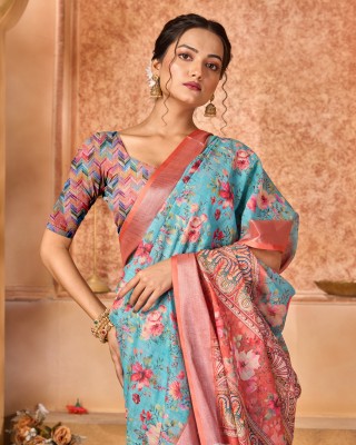 Divastri Digital Print Bollywood Cotton Linen Saree(Multicolor)