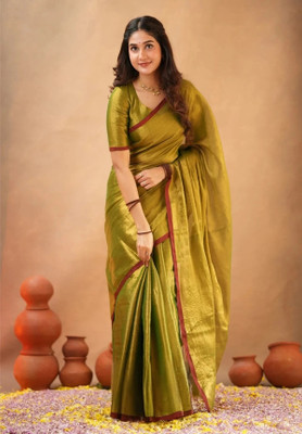 Bengal S Self Design Handloom Tissue Saree(Green)