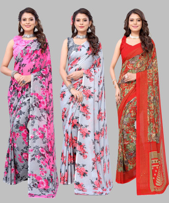 YASHIKA Floral Print Daily Wear Georgette Saree(Pack of 3, Red, Pink, Grey)