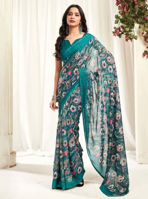 STYLEVEDA Printed Bollywood Georgette Saree(Dark Green)