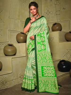 Divastri Printed Ikkat Art Silk Saree(Green)