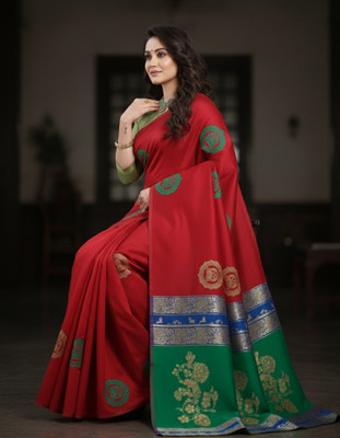 ShivMaya Woven Bollywood Art Silk Saree(Red, Green)