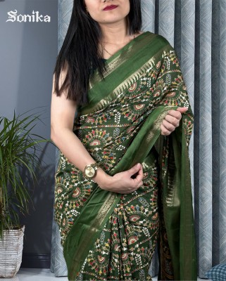 Sonika Printed Ikkat Cotton Silk Saree(Green)