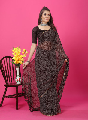 PRETTYAGE Printed Bandhani Georgette Saree(Brown)