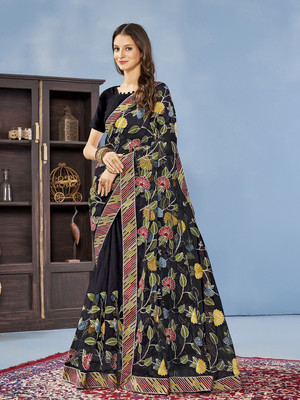 ANOUK Embroidered Saree with Attached Blouse Net Saree(Black)