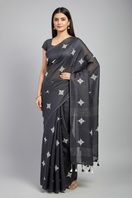 Fabloom Embroidered, Floral Print Bollywood Linen Saree(Cream)