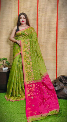 PRANATI ENTERPRISE Self Design Jamdani Cotton Silk Saree(Light Green, Pink)