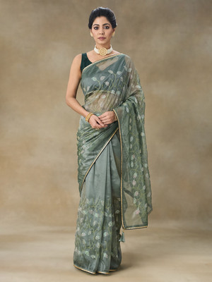 FABMORA Embroidered Bollywood Net Saree(Green)