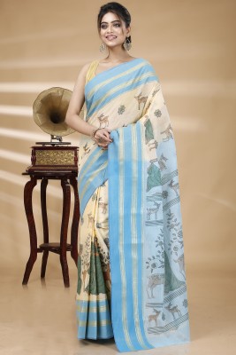 PuJoy Self Design, Printed, Woven Tant Pure Cotton Saree(Light Blue)