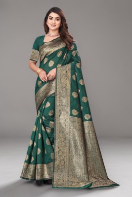 SuperLaxmi Woven, Temple Border Kanjivaram Pure Silk, Silk Blend Saree(Dark Green)