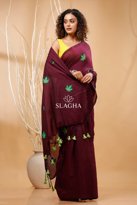SLAGHA Embroidered Handloom Cotton Blend Saree(Maroon)
