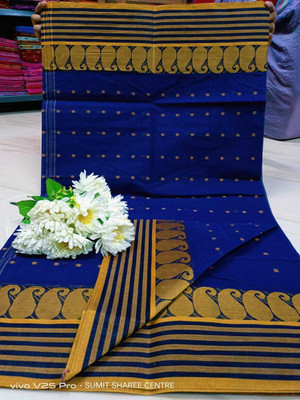 Moumitasaree Solid/Plain Tant Pure Cotton Saree(Blue)