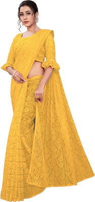 SwiftStyle Solid/Plain Bollywood Net Saree(Yellow)