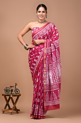 Akshara Fashion Printed, Blocked Printed, Hand Painted, Floral Print Daily Wear Pure Cotton Saree(Pink)