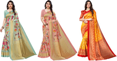 ANIRAV Printed Kasavu Art Silk Saree(Pack of 3, Light Green, Pink, Yellow)