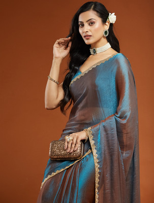 PD CLOTH VILLA Embellished Bollywood Tissue, Pure Silk Saree(Light Blue)