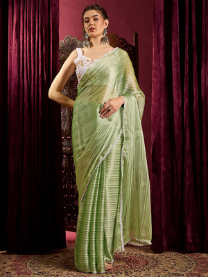 Sareemall Striped Bollywood Chiffon Saree(Green)