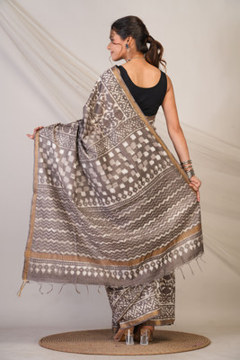 Anuttara Hand Painted Saree with Attached Blouse Cotton Silk Saree(Brown)