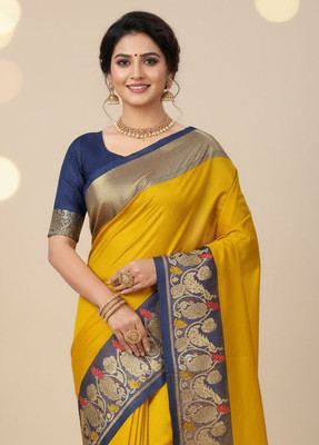 Anugrah Textile Printed Banarasi Lycra Blend, Chiffon Saree(Yellow, Blue)