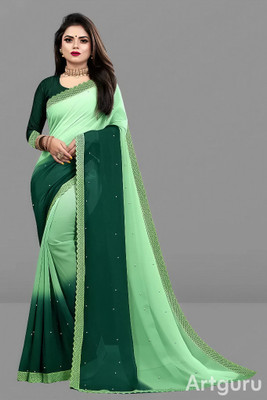 WOM BAB Embellished, Solid/Plain Bollywood Georgette Saree(Green)