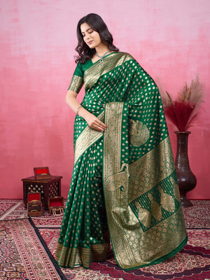 SIDDHESHWAR Self Design Assam Silk Lycra Blend Saree(Green)