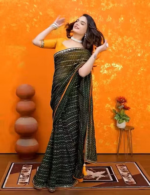 shree bhagyalaxmi creation Embroidered, Woven, Printed Bandhani Georgette Saree(Green)