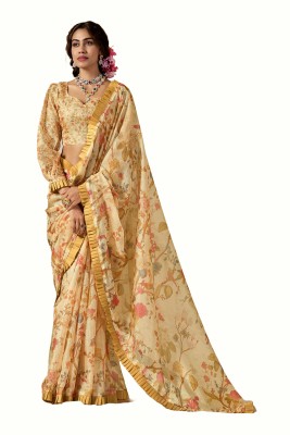 Chudiya Floral Print Kota Doria Cotton Blend Saree(Cream)